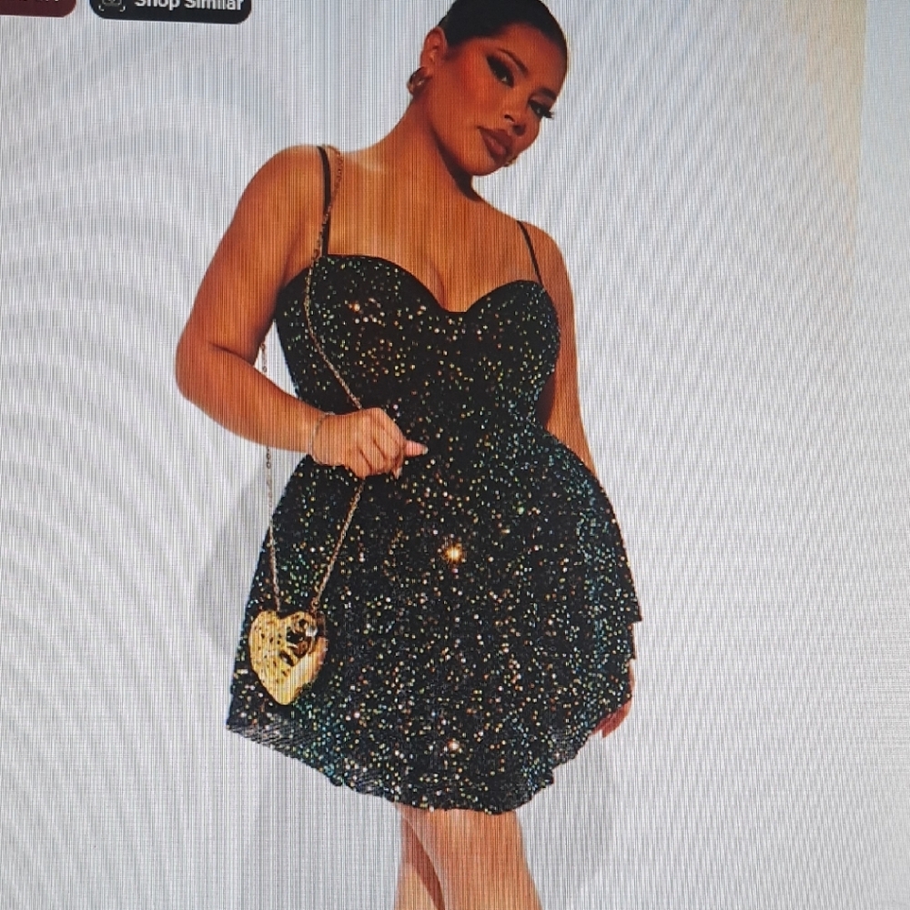 Black and Green Sequin Fit and Flare Mini Dress